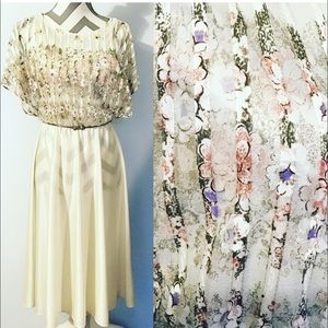 Vintage 70s 80s Ivory Floral Disco Dress